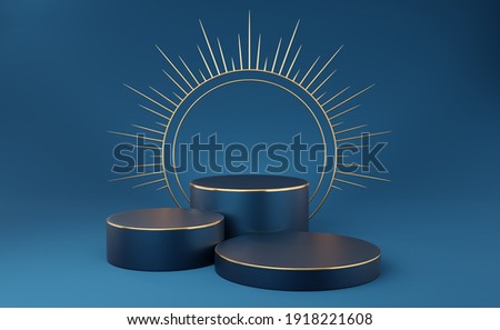 3 Empty dark blue cylinder podium with gold border and spiked halo circle on blue background. Abstract minimal studio 3d geometric shape object. Pedestal mockup space for luxury display. 3d rendering.