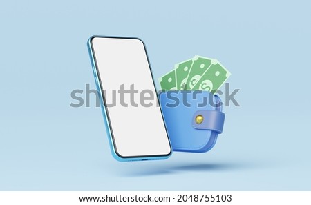 Phone with cash money into wallet float on blue background. Mobile banking and Online payment service. Saving money wealth and business financial concept. Smartphone money transfer online. 3d render.