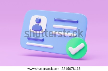 3d Id card icon. Identification card with check mark isolated on purple background. Approve identity verification card. human resources, plastic driver license, verify identity concept. 3d rendering. Stock fotó © 