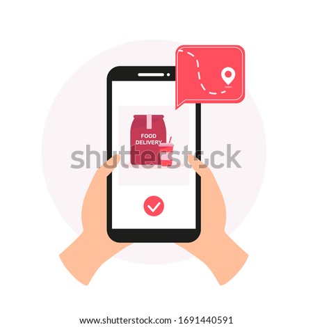 Online Delivery Service concept. Food delivery app on a smartphone tracking a delivery man. Vector illustration. Illustration in flat style. Online order tracking, delivery home and office.