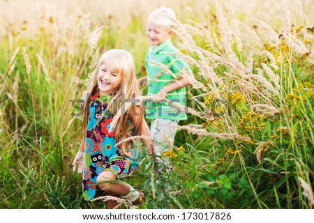 happy brother and sister playing in the high grass in summer and  laughing