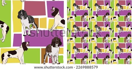 Springer Spaniel dog summer bright wallpaper. Holiday abstract shapes square seamless background, repeatable pattern. Birthday wallpaper, Christmas present, print tiles. Simple puzzle with dogs.