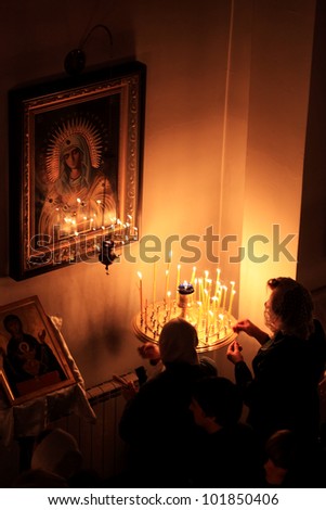 MAKEEVKA, UKRAINE - APRIL 15: Easter in the Orthodox Church of St. Serafim Sarovskiy on april 15, 2012 in Makeevka, Ukraine