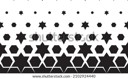 Seamless halftone vector background.Filled with black stars and hexagons . Short fade out. 7 figures in height.Ray method.