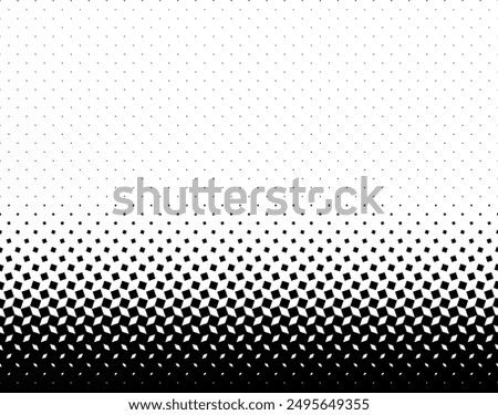 Geometric pattern of black squares on a white background. Seamless in one direction. Small figures from above. Large ones at the bottom with short dissolution