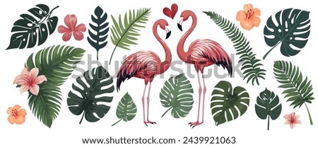 Tropical leaves, plants and flamingo. Vector modern floral illustrations of tropic print, palm leaf, monstera, fern, bouquet for greeting card, background