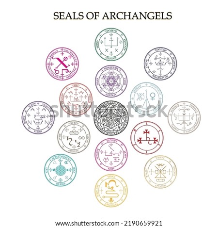 Seals of the Archangels, diagram of the Kingdom of Spirits rulership. Angels who serve God symbols isolated on white background.
