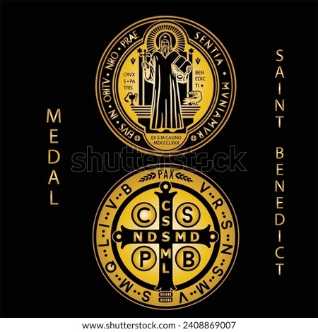 The Saint Benedict Medal isolated on back background. Front and back side of the gold medal. Representing faith and protection.