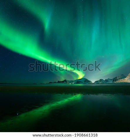 Northern Lights above mountains on Lofoten Islands. Reflections of Aurora Borealis on Sandbotnen sandy beach. Beautiful winter time conditions in northern Norway.