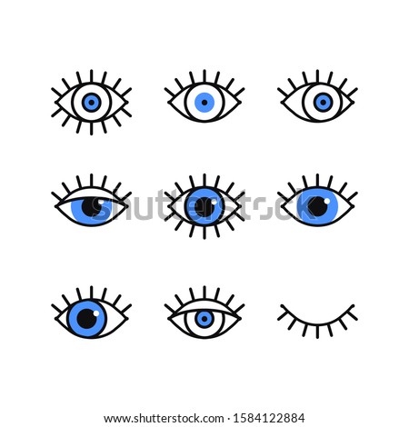 Open and closed eyes line icons set on white background. Look, see, sight, view sign and symbol. Vector linear graphic element. Optical and search theme in minimal design style. Eye with eyelashes.