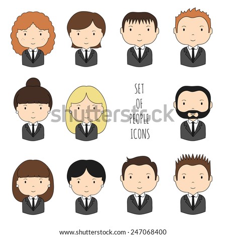 Set of colorful office people icons. Businessman. Businesswoman. Cartoon hand drawn faces sketch for your design. Collection of cute avatar. Trendy doodle style. Vector illustration.