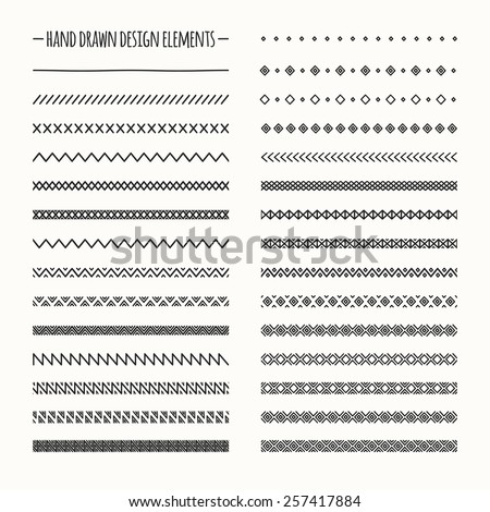 Hand drawn vector line border set and scribble design element. Geometric vintage fashion pattern. Illustration. Trendy doodle style brushes. 