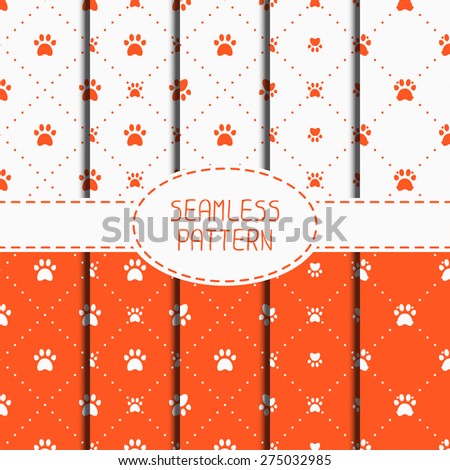 Set of seamless pattern with animal footprints, cat, dog. Wrapping paper. Paper for scrapbook. Tiling. Vector illustration traces with paw prints. Background. Stylish graphic texture for design.