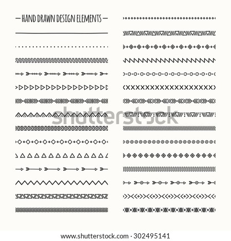 Ethnic hand drawn vector line border set and hipster scribble design element. Native brushes. Aztec geometric monochrome vintage fashion pattern for design. Illustration. Doodle style. 