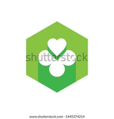 Hexagonal Clover and Heart Shape Icon, Green Hexagon Logo, Flat Design Style Illustration