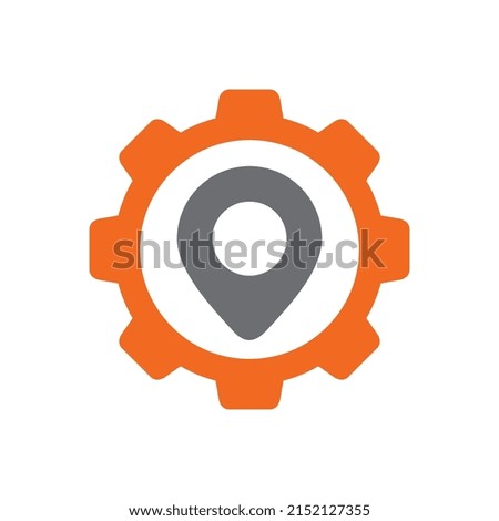 Gear and map pin logo template, location point and cog wheel icon, industrial areas sign