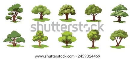 Cartoon tree vector set, collection of trees image with dense green leaves, natural tree plant design element for forest or garden
