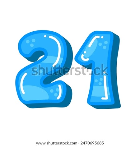 Number 21 twenty one vector illustration, blue number 21 twentyone image isolated, cute design style