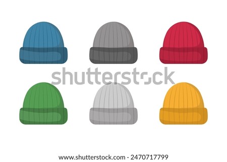 Knit beanie hat vector set, collection of winter cap in several color variations, flat design illustration