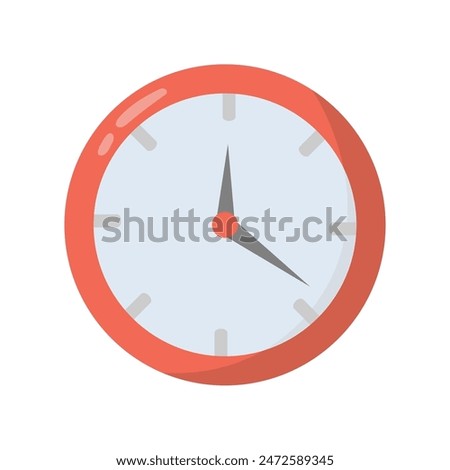 Red clock icon in flat design style, red analogue wall clock vector illustration, simple clock clip art image