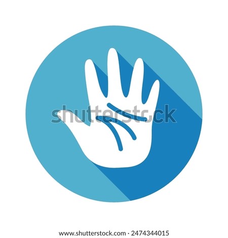 Palm hand icon design, human skin vector illustration, sense of touch, blue circle icon, flat design with long shadow