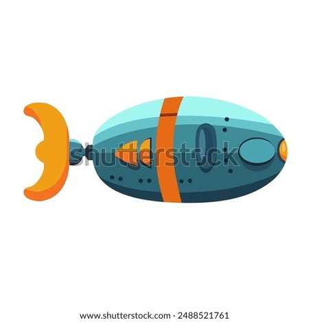 Cute cartoon submarine concept, underwater ship shaped like a fish, robo fish clip art image, robotic swimming fish clipart