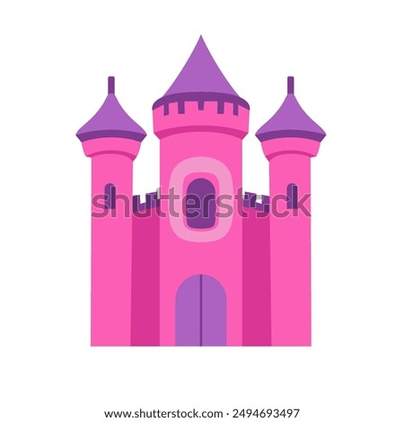 Pink castle flat design vector illustration, beautiful fairytale castle clip art image, magical princess castle vector clipart, isolated on white background