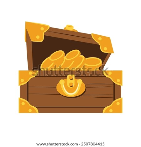 Cartoon open treasure chest vector illustration, isolated on white background, pirate treasures clip art, wooden treasure chest full of gold coins