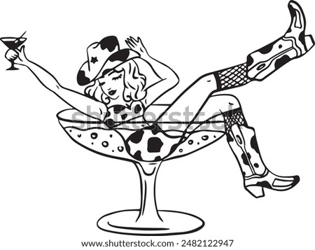 Cowgirl in a glass of martini cocktail. Bachelorette party icon.