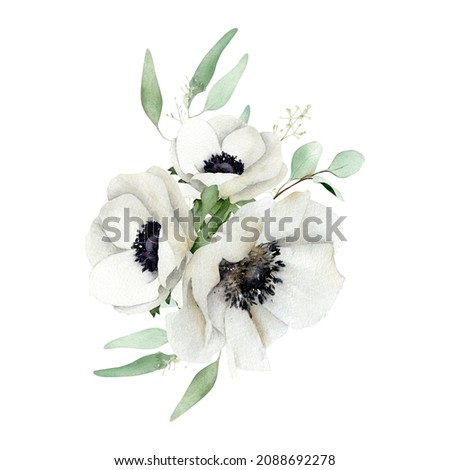 Anemones floral arrangement. Hand-drawn winter and spring bouquet with delicate white flowers and eucalyptus leaves for greeting cards design, wedding invitations, decor isolated on white background Imagine de stoc © 