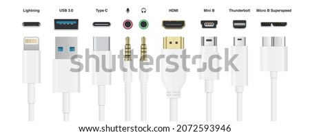 Realistic Cables USB HDMI Type C Lightning Mini Jack Mini B Micro B Thunderbolt vector illustration Imagine de stoc © 