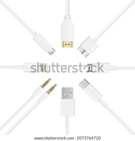 White Cables Wires Round USB HDMI Lightning Type C Mini B Mini Jack vector illustration