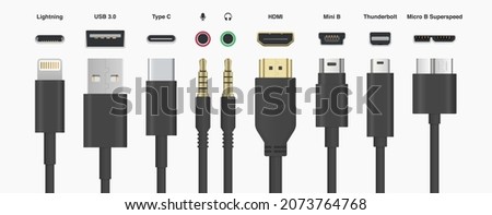 Black Cables Wires USB HDMI Lightning Type C Mini B Mini Jack vector illustration Foto stock © 