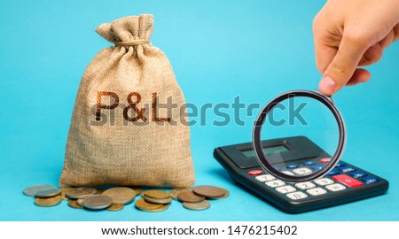 Money bag with the word Profit & loss and calculator. Business analytics and report. Company financial performance. Cash flow generation. Profit, income, expenses, revenue. ROI. ROR. P&L Stock fotó © 