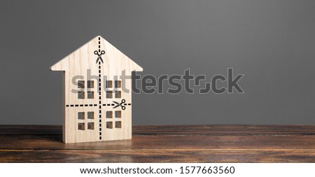 House with marked lines for cutting into four equal parts. Distribution of the right. Divorce concept. Disputes over division process of real estate and property after divorce. Legal service Photo stock © 
