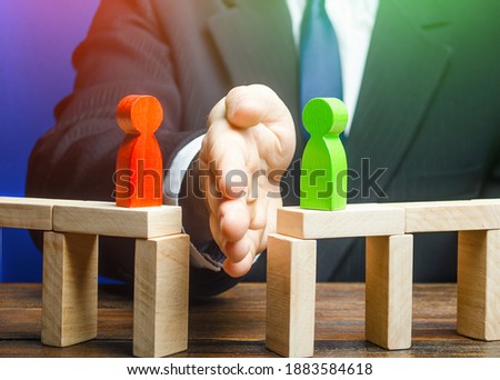 The man separates the disputes with his palm. Mediation and arbitration services. Ending an acute conflict and creating an alternative way to resolve dispute. Finding a compromise. Reducing tension Stock fotó © 