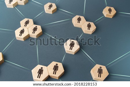 People are corporating on a single network. Delegation of work and responsibilities. Decentralized networking. Teamwork cooperation. Functioning of departments and divisions of the company. Stockfoto © 