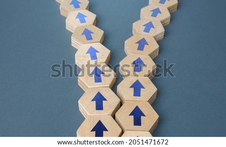 The chain with arrows splits into two. Concept of conflict. Division of business company. Splitting opinions on an issue. Rivalry, competition. Walk your own ways. Discrepancies, variance Photo stock © 