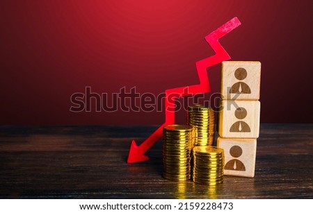 Cost reduction and business optimization. Layoffs and staff downsizing. Falling salaries of employees. Low efficiency productivity. Decrease in generated profit. High competitiveness in labor market. Stockfoto © 