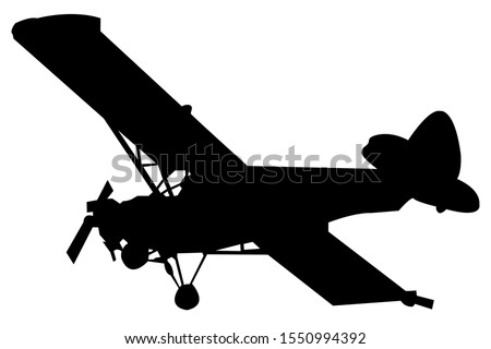 Single engine plane silhouette in black, isolated on white, vector illustration 