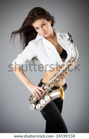 Beautiful Young Sexy Women With Saxophone Stock Photo 24590158 ...