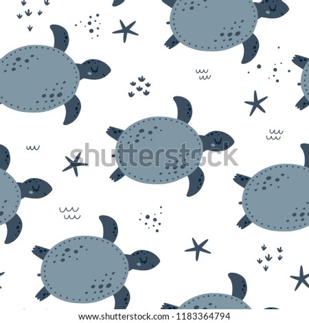 Vector sea pattern with turtles and stars on white Seamless background Ocean world collection