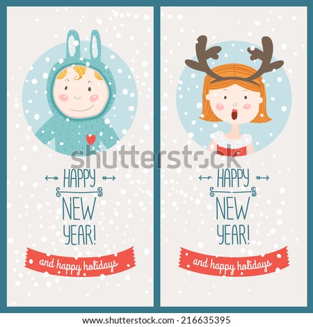 Happy new year card with cute girl and boy. Vector illustration Happy new year and happy holidays.