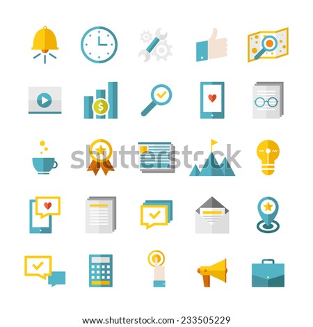 Modern flat business icons collection. Web design objects, SEO, business, office and marketing items. Isolated on white background