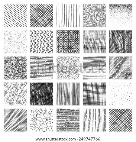 Vector collection ink hand drawn hatch texture, lines, points, hatching, strokes and abstract graphic design elements isolated on white background