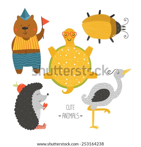 Cute animals collection, baby animals, animals vector. Bear, beetle, tortoise, hedgehog and heron isolated on white background. Cartoon animals set
