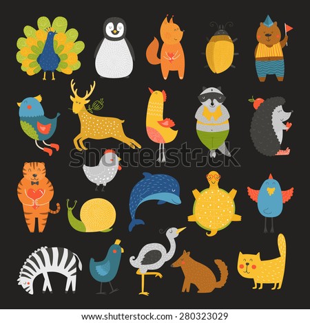 Cute animals collection, baby animals, animals vector. Vector cat, peacock, penguin, squirrel, beetle, bear, bird, deer, raccoon, hedgehog, tiger, dolphin, heron, tortoise, zebra, dog, snail isolated