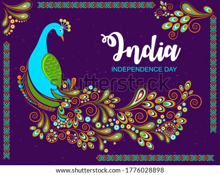 Beautiful peacock floral feather illustration for India Independence day & Republic day in dark grunge background.