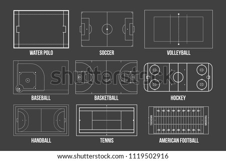 Creative vector illustration of sport game fields marking isolated on background. Graphic element for handball, tennis, american football, soccer, baseball, basketball, hockey, water polo, volleyball