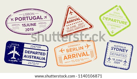 Creative vector illustration of international business travel visa passport stamp set isolated on transparent background. Art design variety rubber city arrival sign. Abstract concept graphic element.